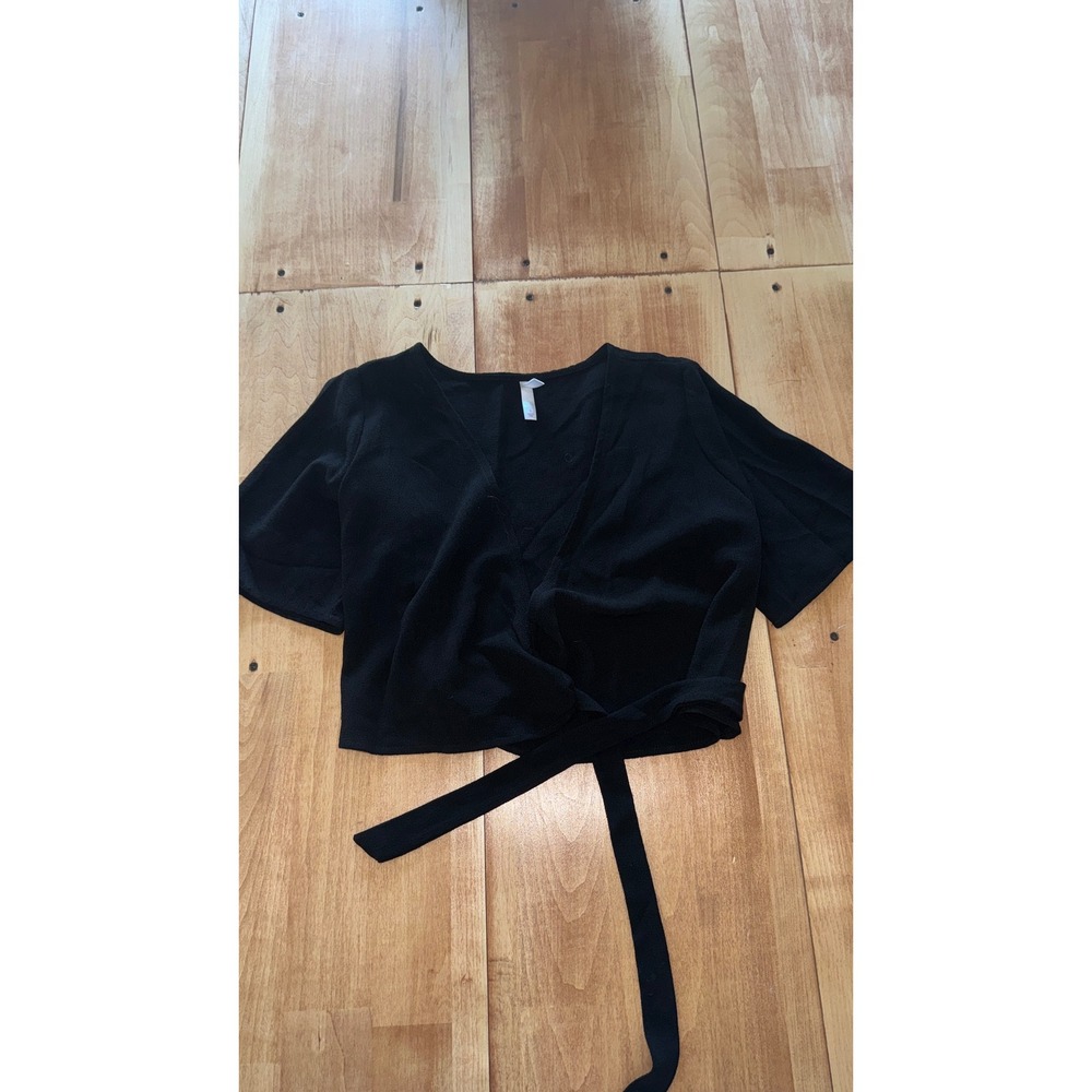 Xhilaration Womens Small Black Short Sleeve Wrap Front Cropped Tie Top Blouse